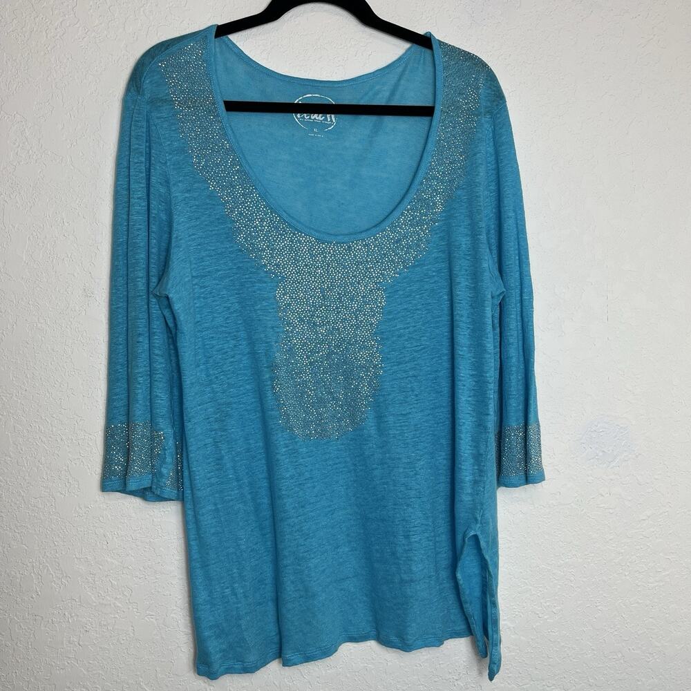 INC International Concepts Beach Blue Linen Top with mini studs Size XL beachy